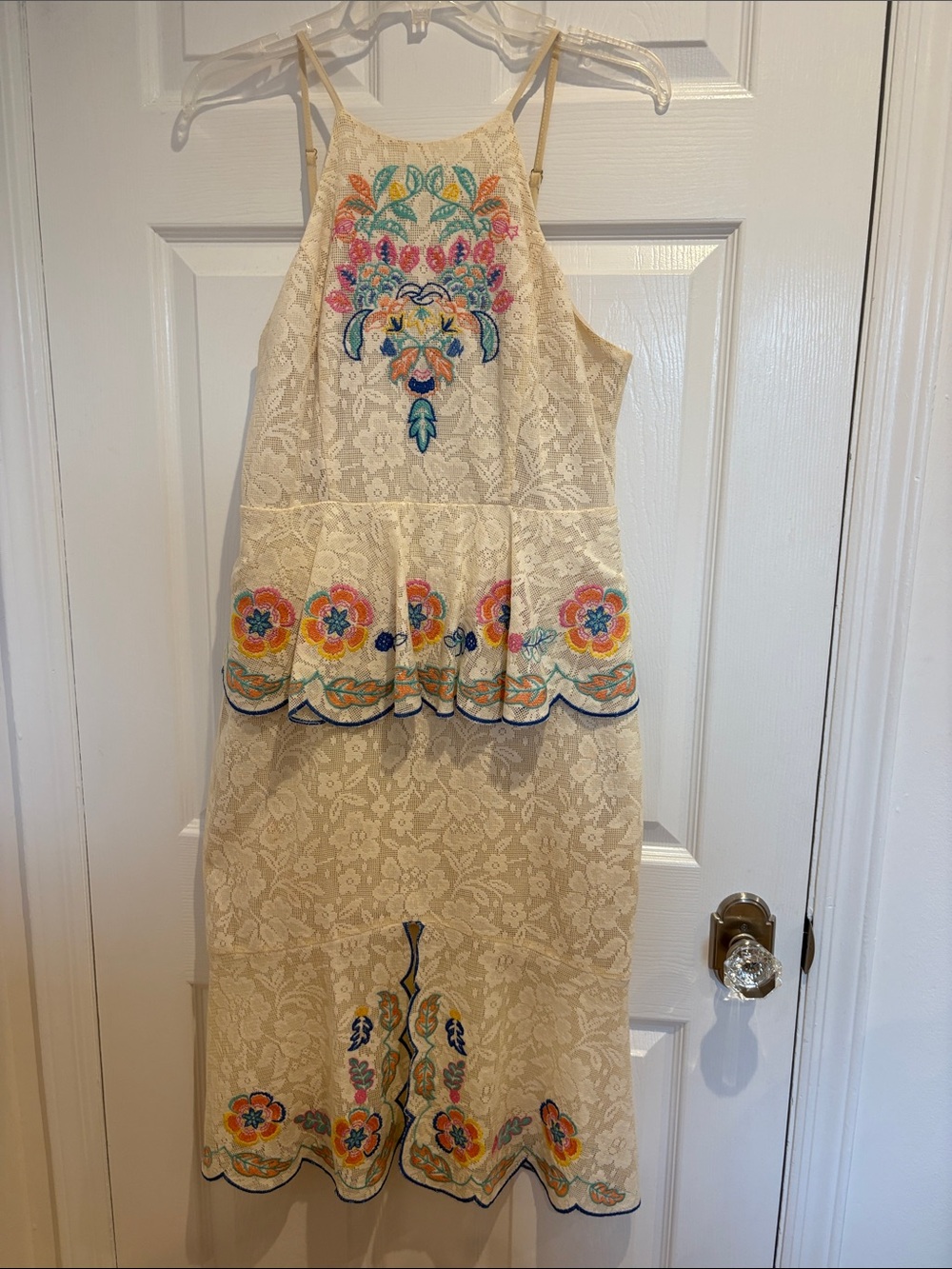 Embroidered Cream Lace Dress with Peplum and Floral Accents